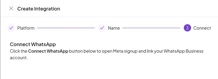 Bridged Create Integration screen for WhatsApp setup, showing step 3: Connect.