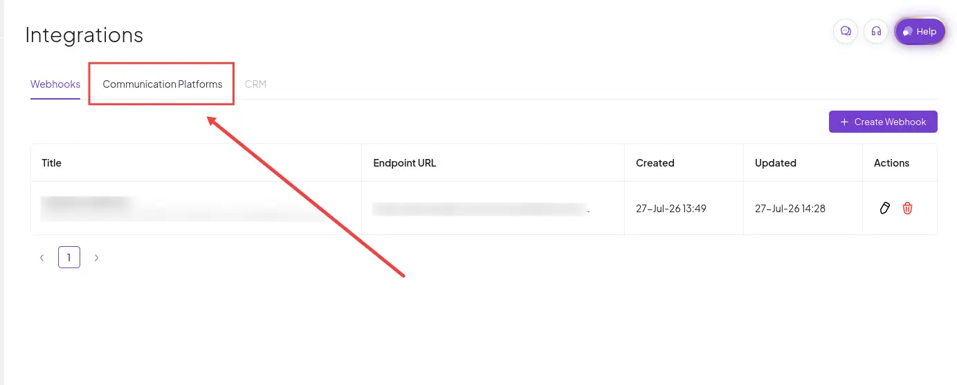 Bridged Integrations page showing Communication Platforms tab with integration details and options to create webhook.