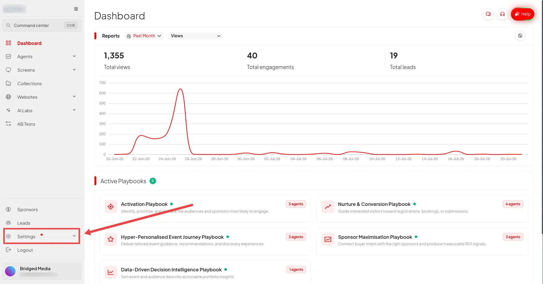 Bridged Media Dashboard showing analytics and active playbooks with settings highlighted.
