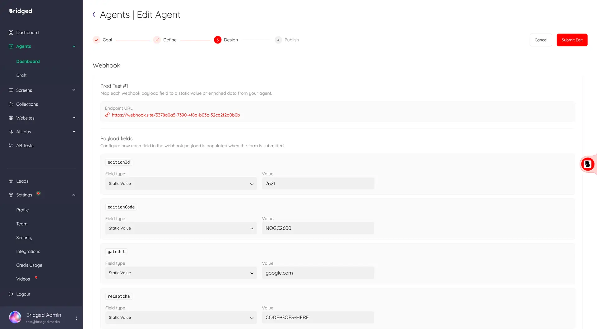 Bridged platform Edit Agent page showing webhook configuration with payload fields and endpoint URL.