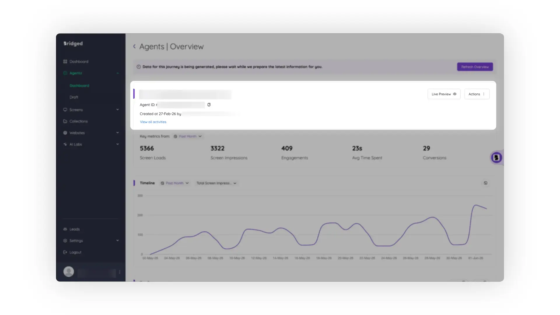 Bridged Agents Overview page showing agent performance metrics and timeline graph.