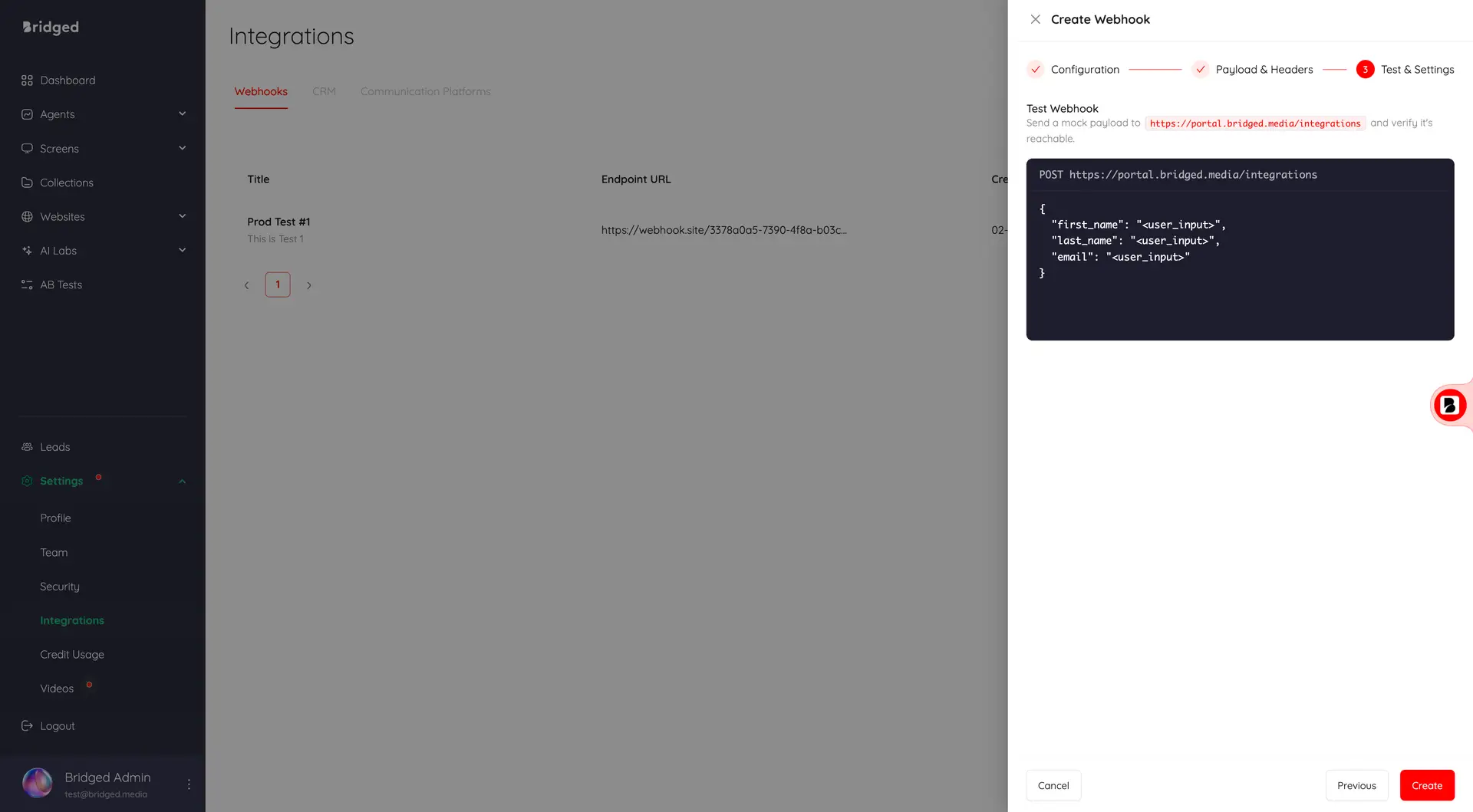 Bridged Integrations Webhooks page with Create Webhook panel open showing test settings and payload.
