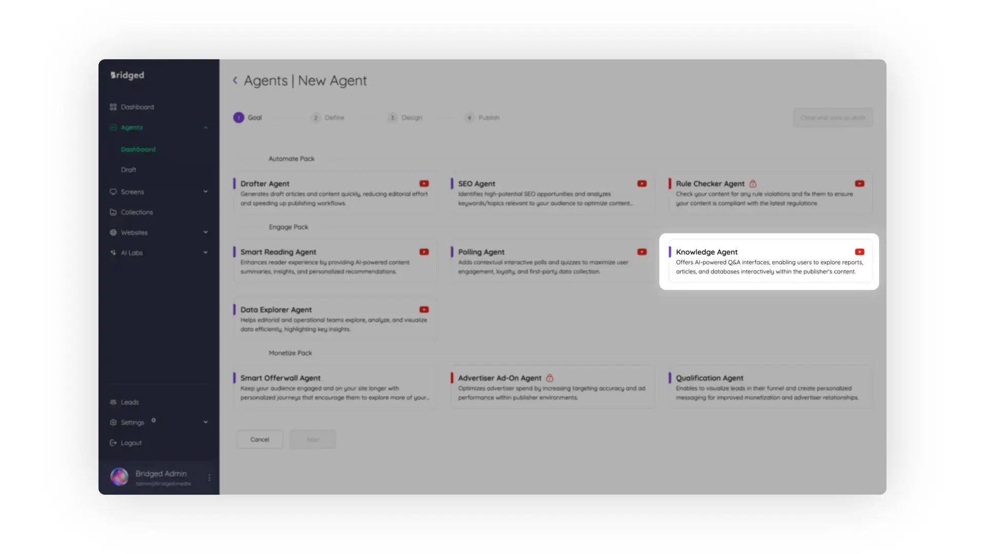 Bridged Media Agents New Agent creation page showing various agent options.