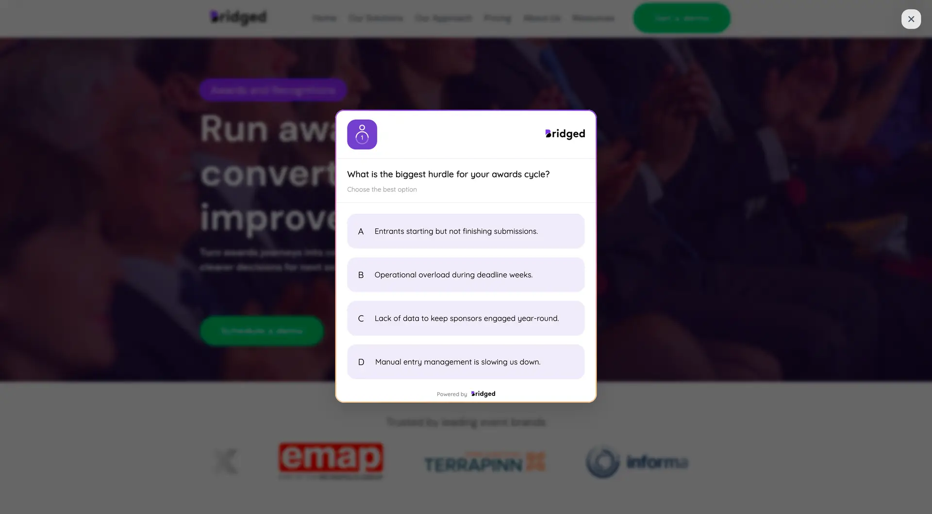Bridged Media polling interface asking about hurdles in awards cycle.