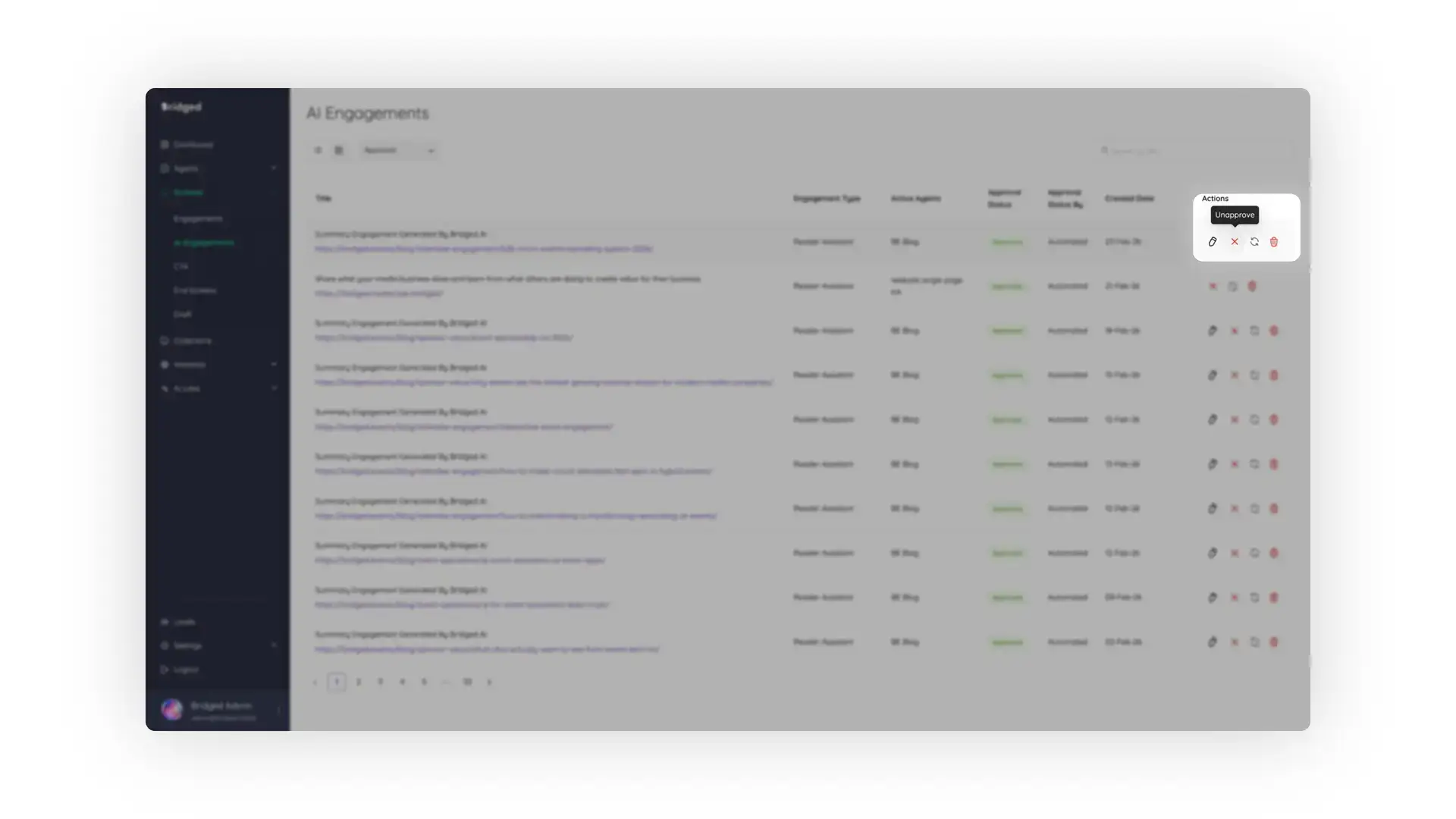 Bridged AI Engagements screen showing a list of content engagements with options to edit, approve, reject, and delete.