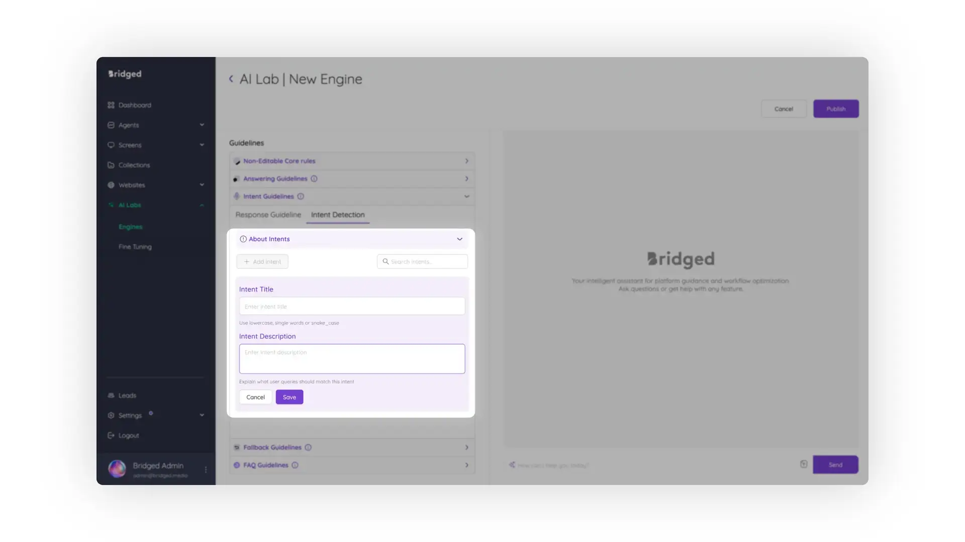 AI Lab New Engine interface in Bridged Media for creating a Knowledge Agent engine.