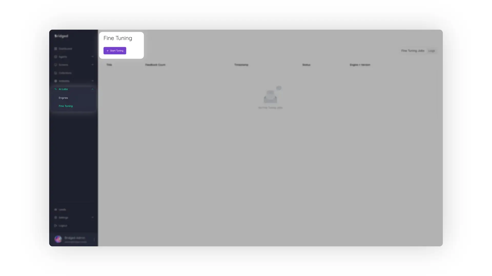 Bridged Media AI Lab Fine Tuning page showing no current jobs and a start tuning button.