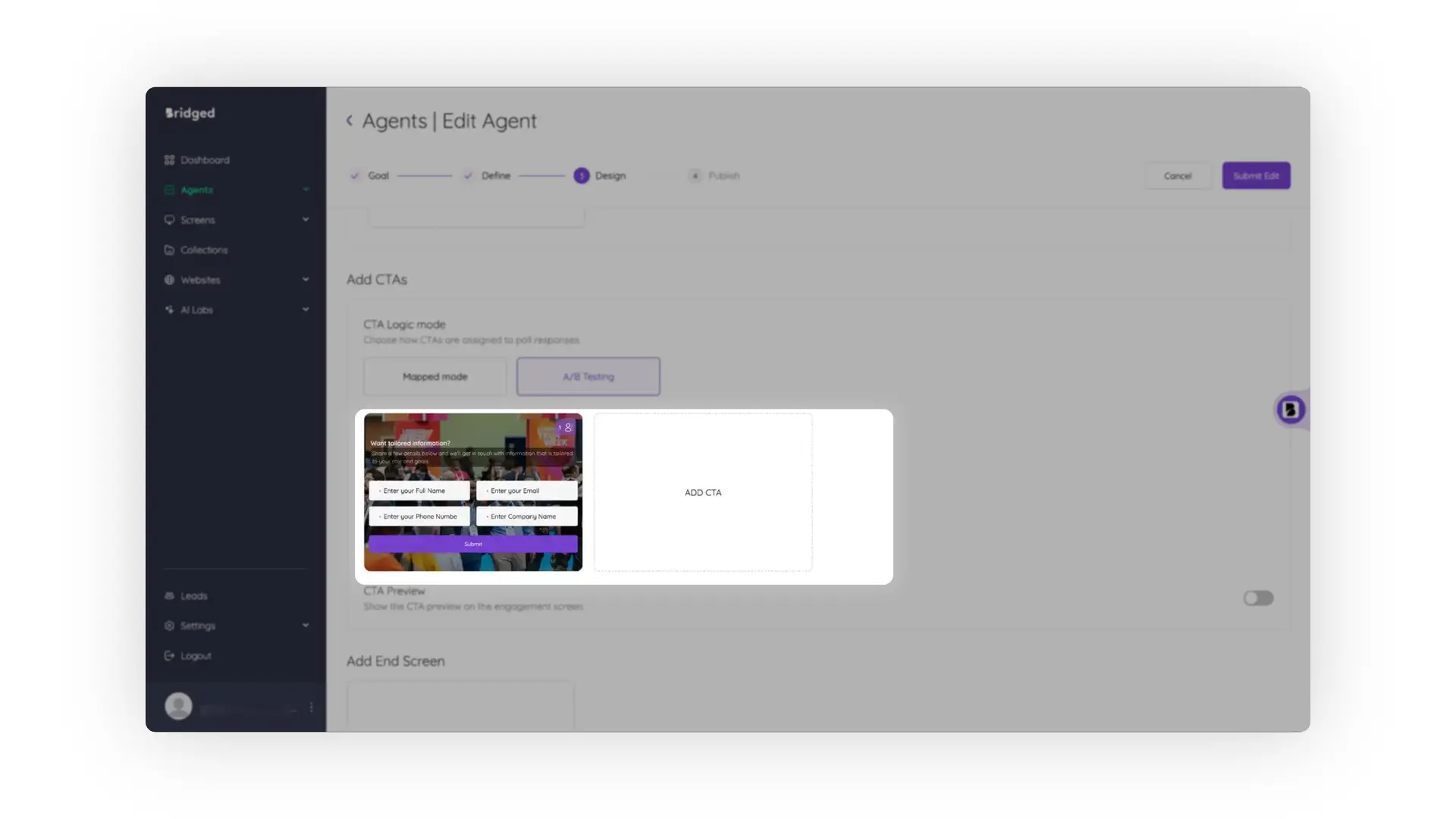 Bridged platform Edit Agent screen in Design phase showing options for adding CTAs with Mapped mode and A/B Testing.