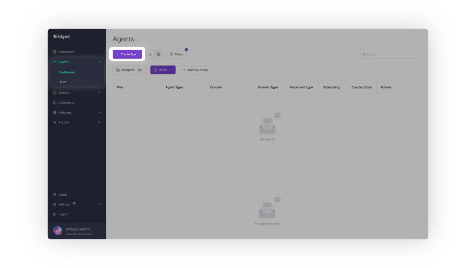 Bridged Media Agents page showing no agents listed, with options to create and manage agents.