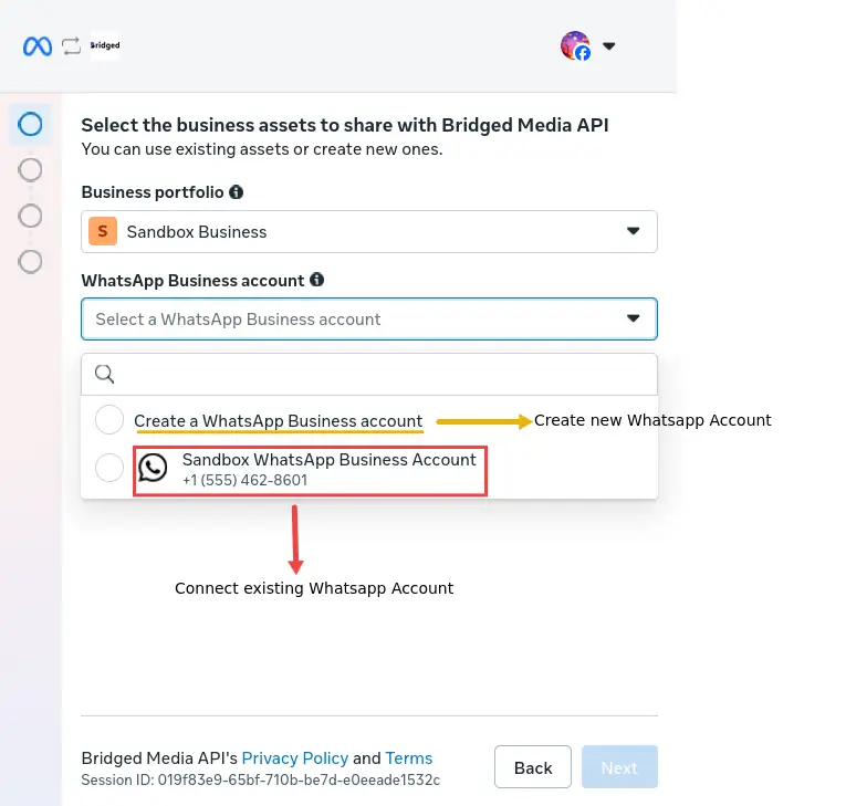 Bridged Media API WhatsApp Business account integration setup screen