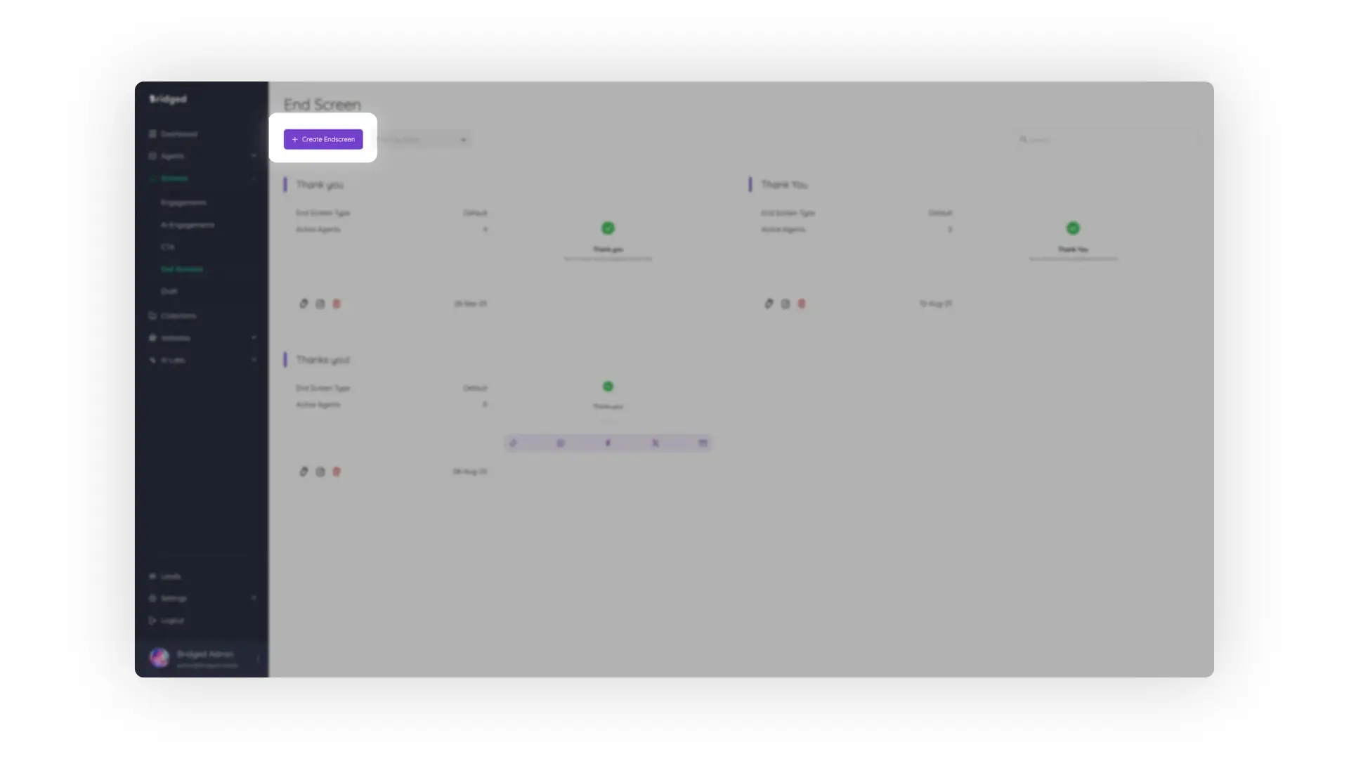 Bridged Media End Screen management interface showing a list of end screens with options to create, edit, and filter screens.