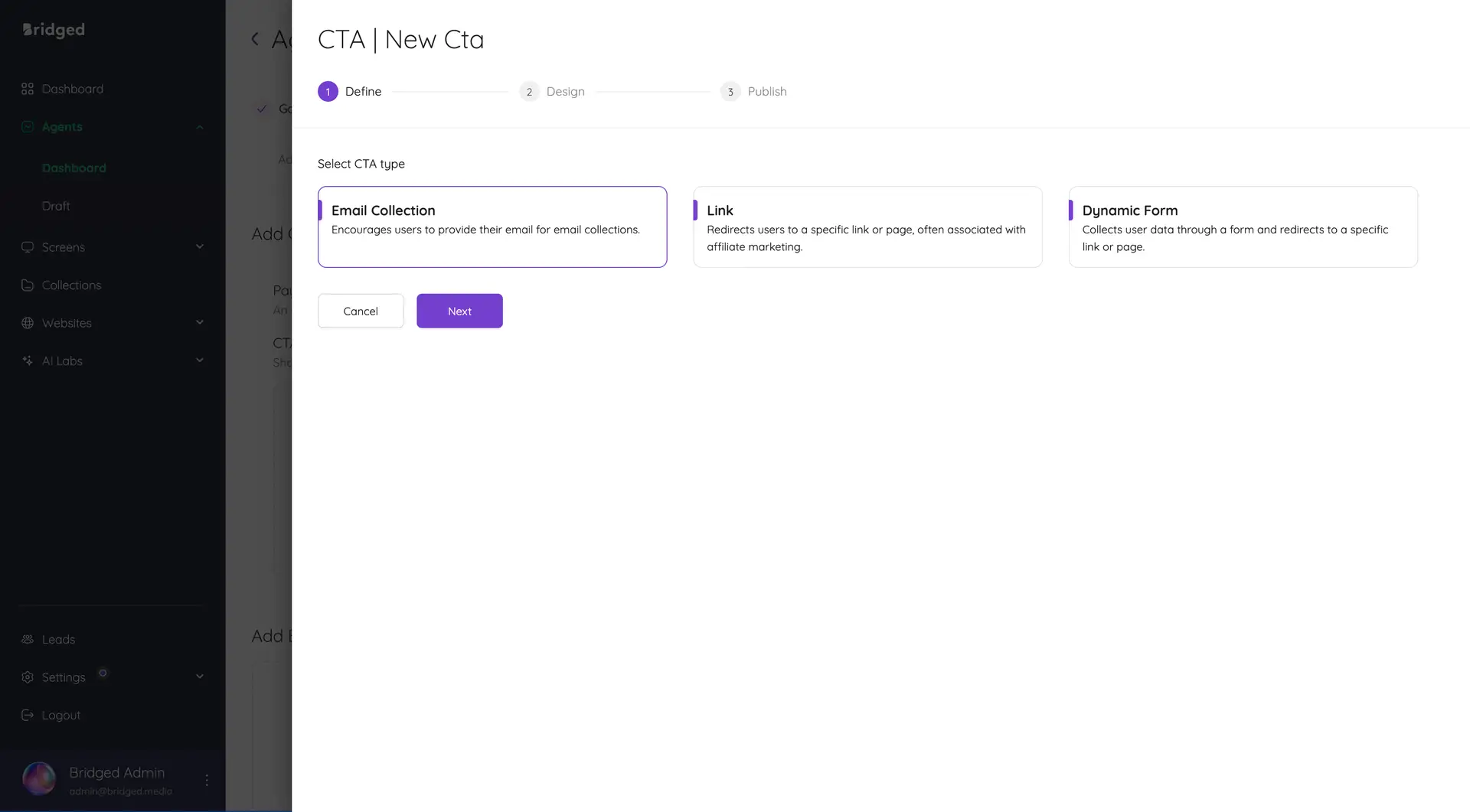 Bridged Media CTA creation screen, Define step for selecting CTA type.