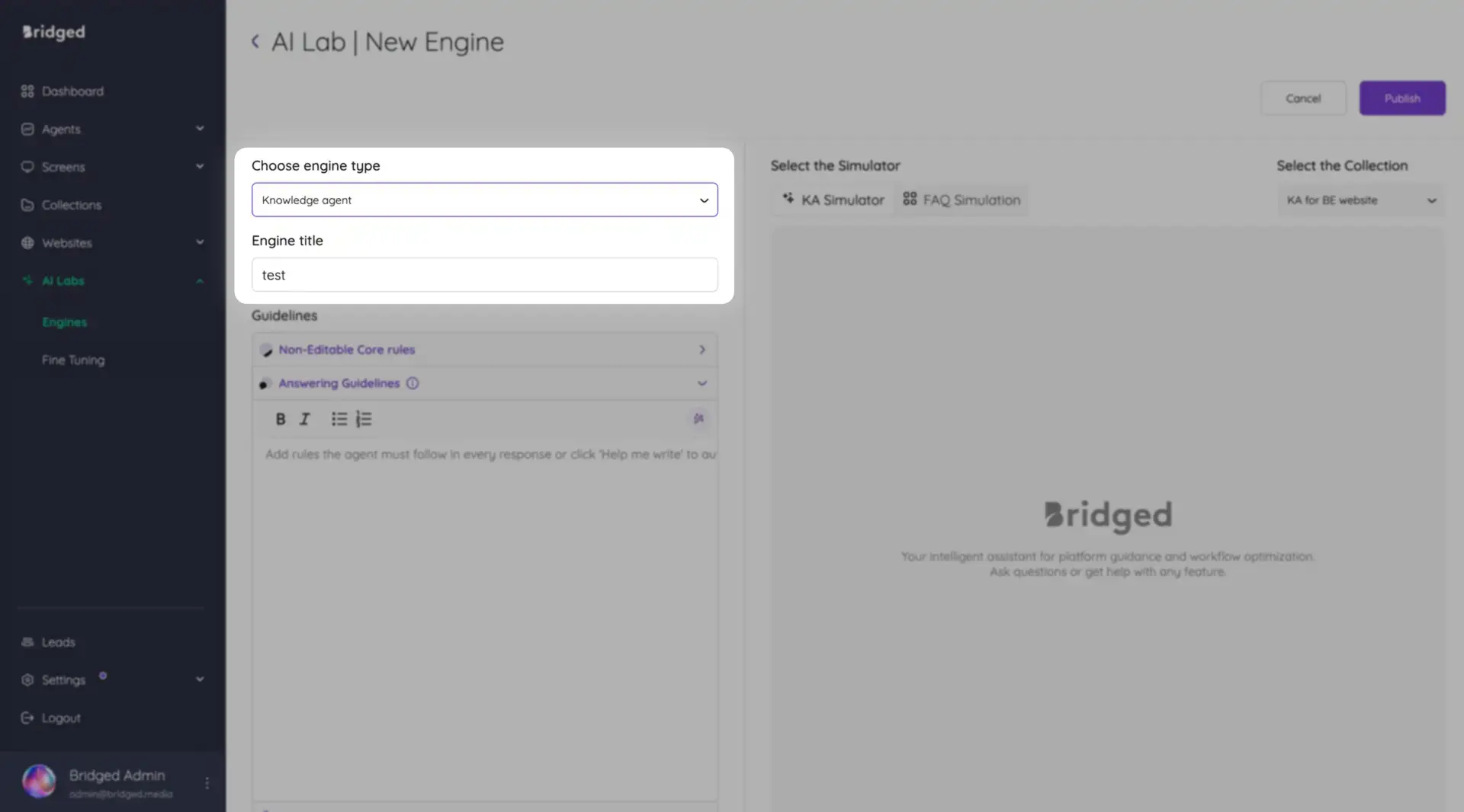 AI Lab New Engine interface in Bridged Media for creating a Knowledge Agent engine.