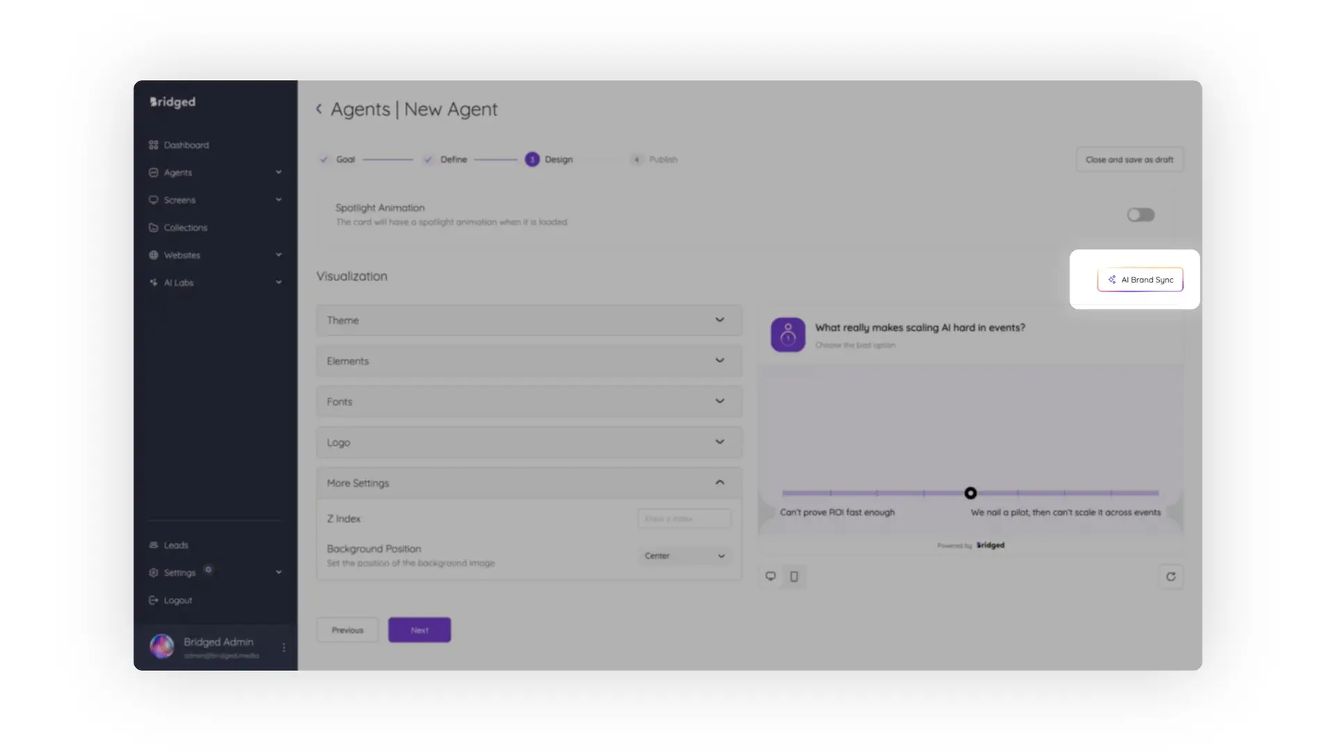 Bridged Media Agents New Agent Design page showing visualization options and a preview card for polling agent creation.