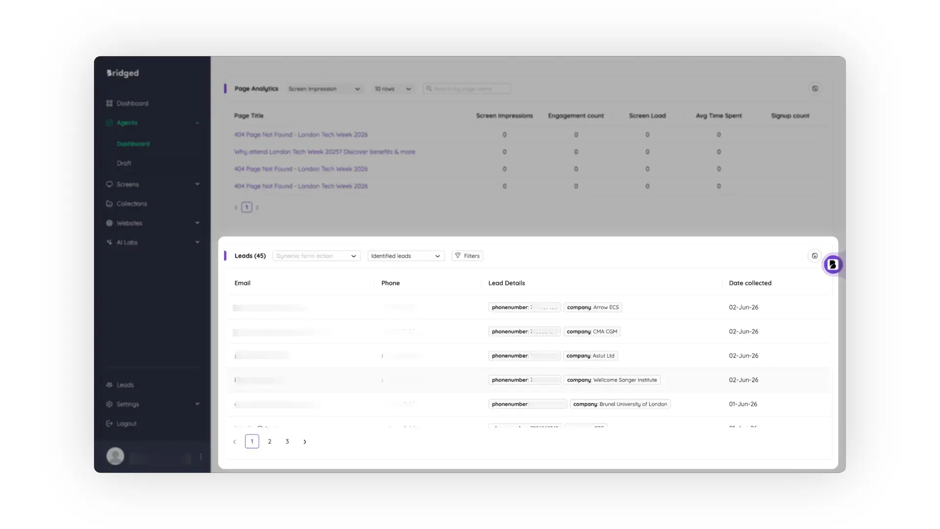 Bridged platform Agents section showing page analytics and leads data.