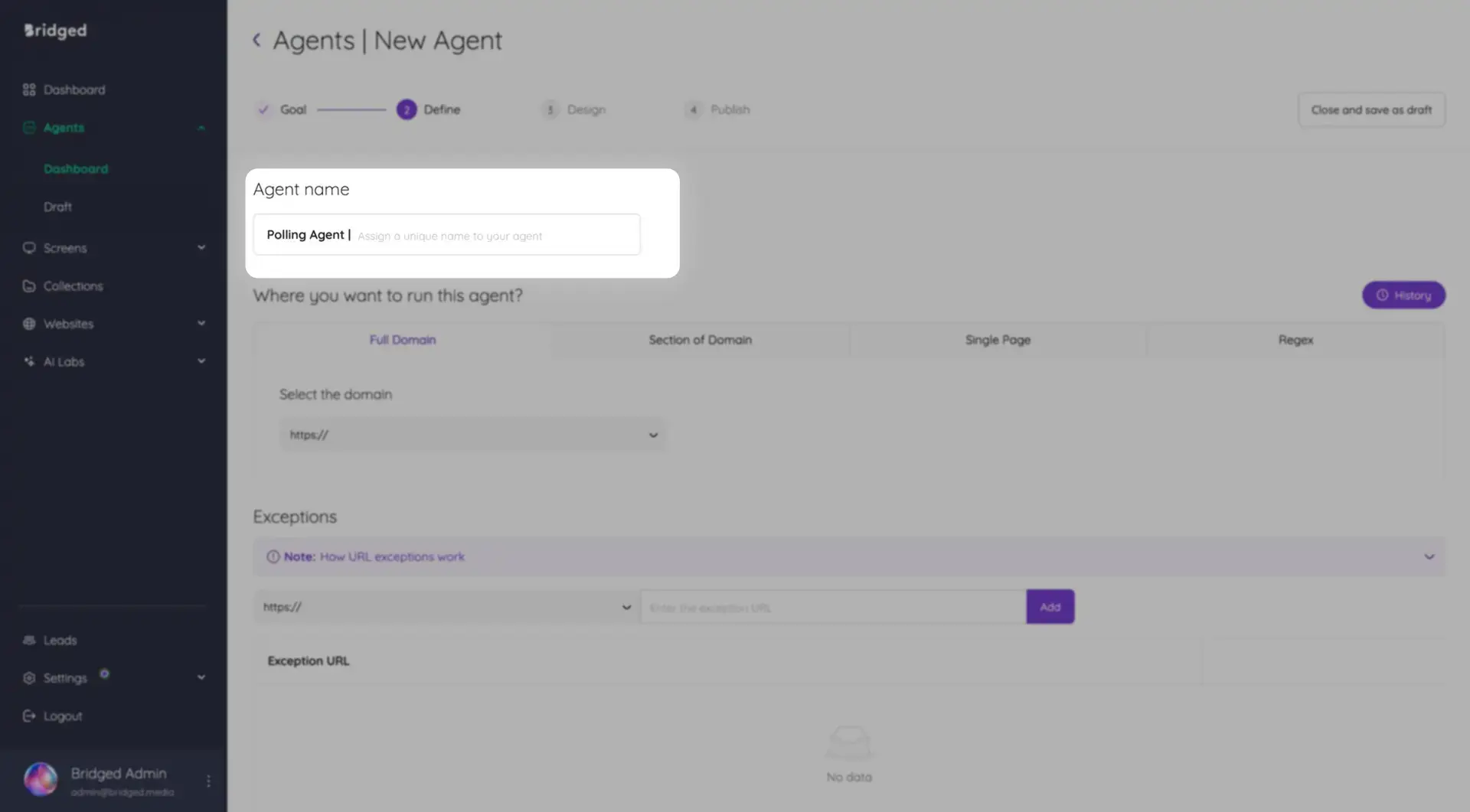 Bridged Media - Agents | New Agent - Define step for creating a polling agent