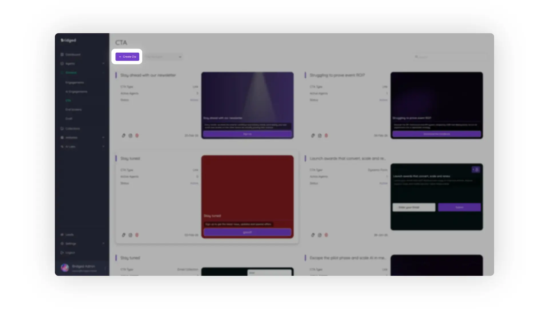 Bridged Media CTA section showing various call-to-action cards with details and options.