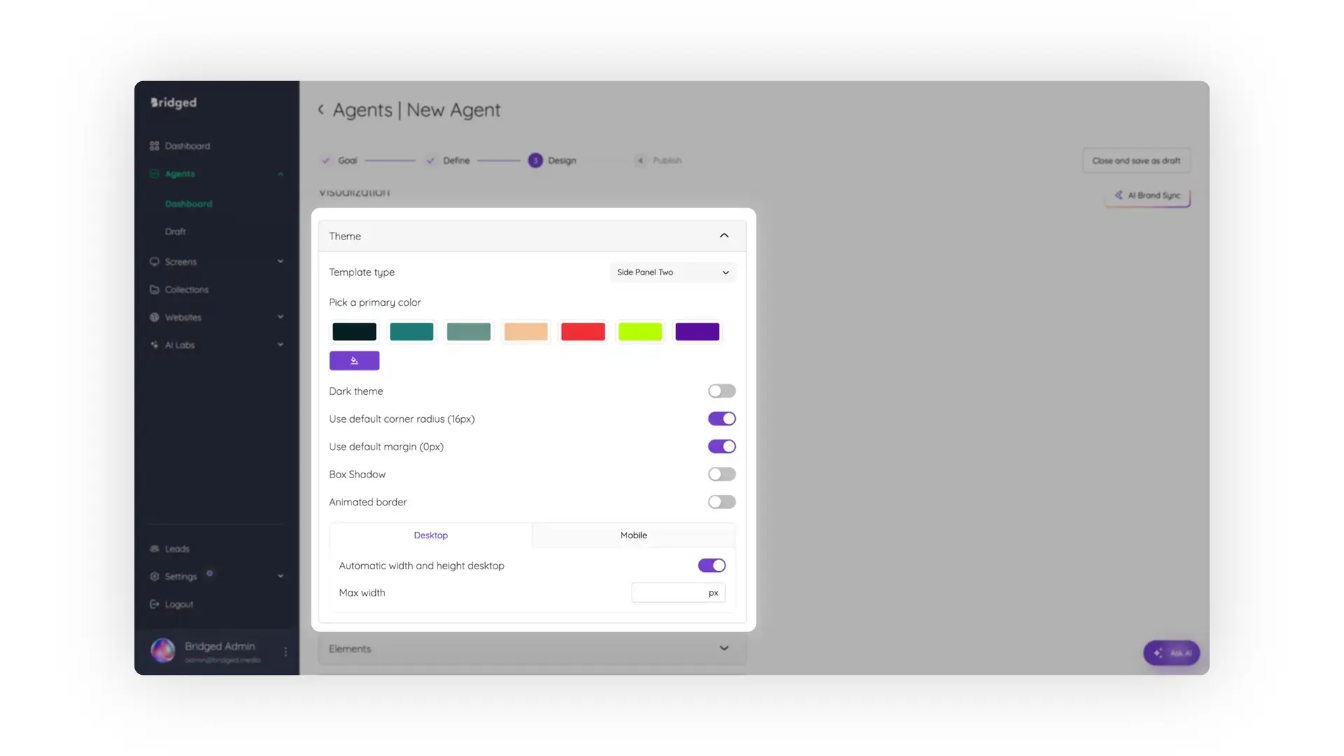 Bridged Media Agents New Agent Design screen showing theme customization options.