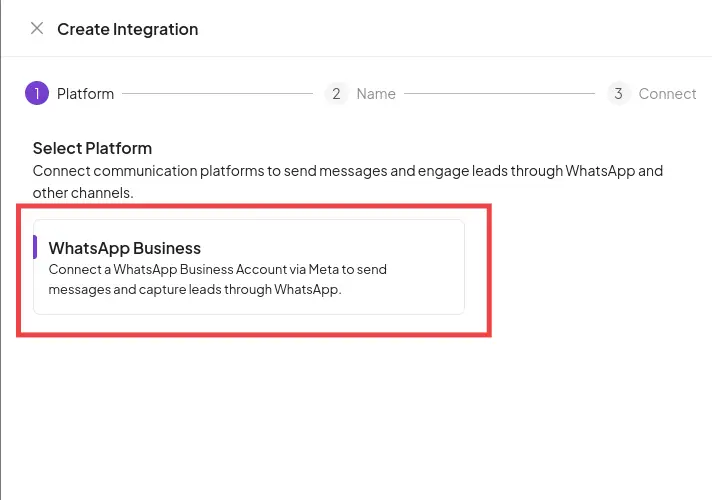 Bridged Create Integration screen for selecting WhatsApp Business platform.