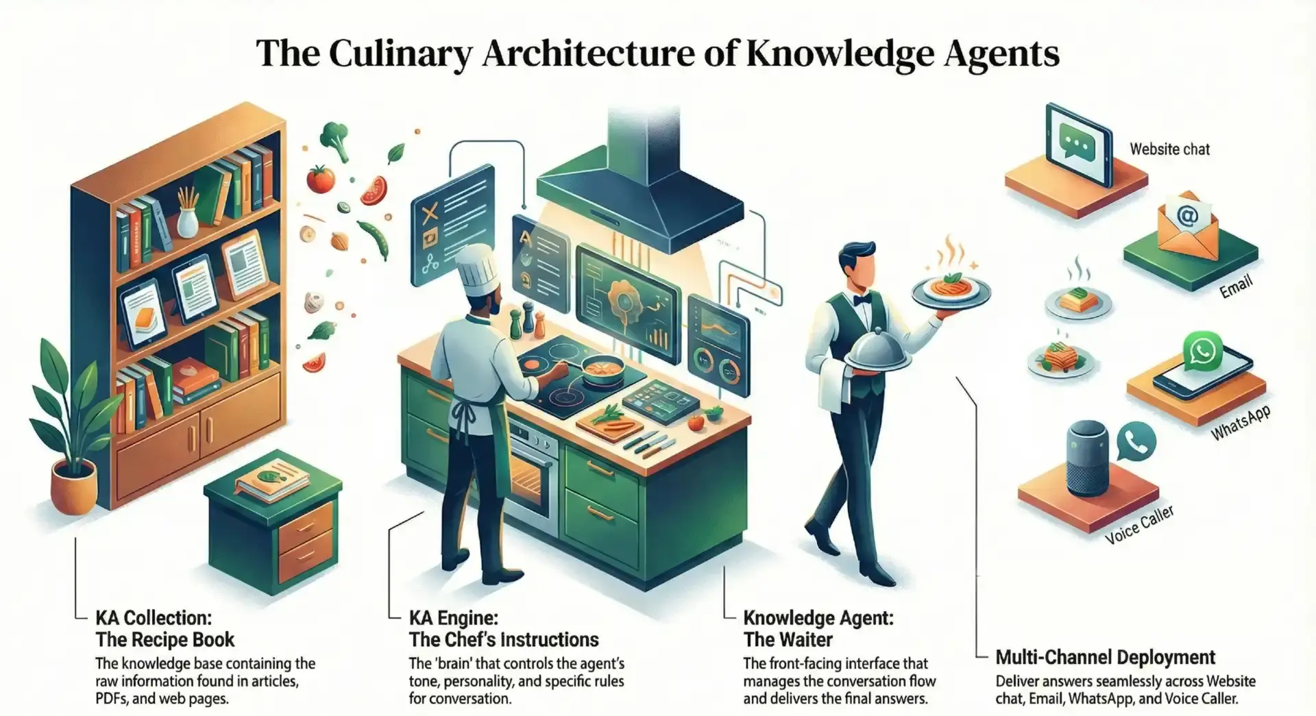 Illustration of the Culinary Architecture of Knowledge Agents with sections for KA Collection, KA Engine, Knowledge Agent, and Multi-Channel Deployment.
