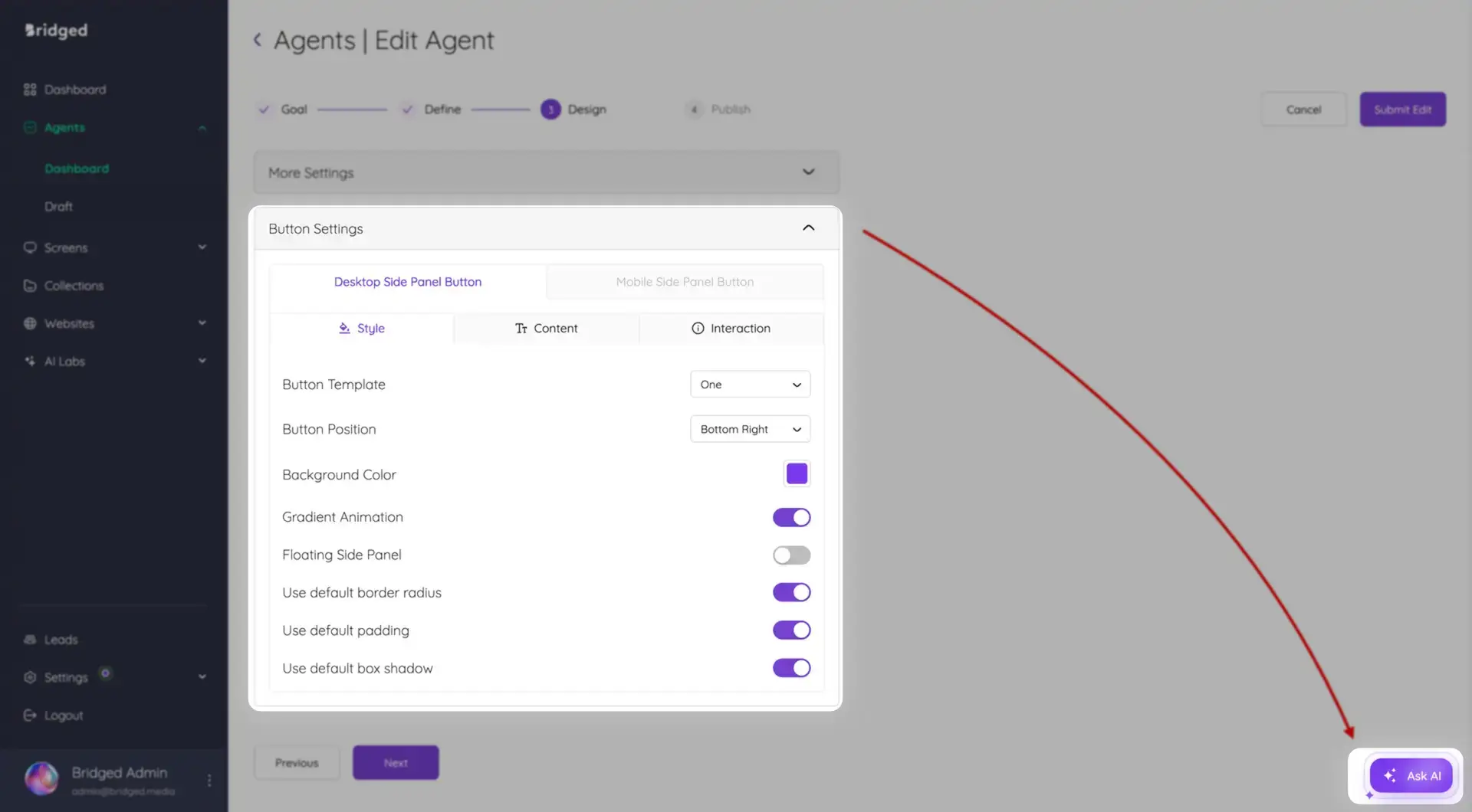 Bridged Media Agents Edit Agent page in Design phase with button settings and navigation options.