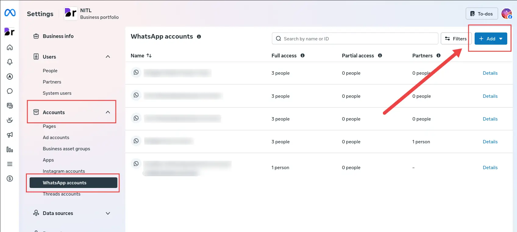 Bridged Media Settings - WhatsApp accounts management interface