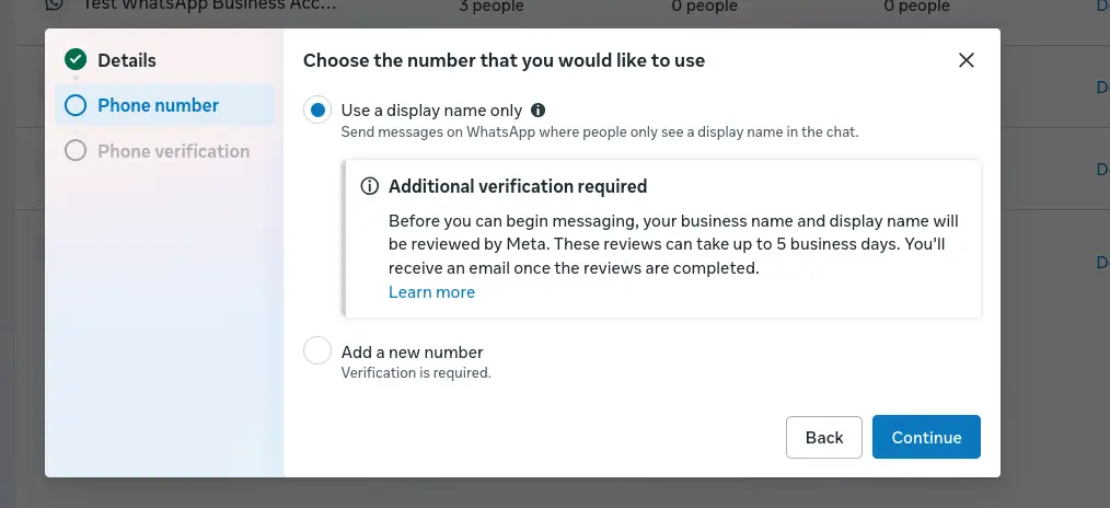 WhatsApp Business Account setup - Choose number for messaging