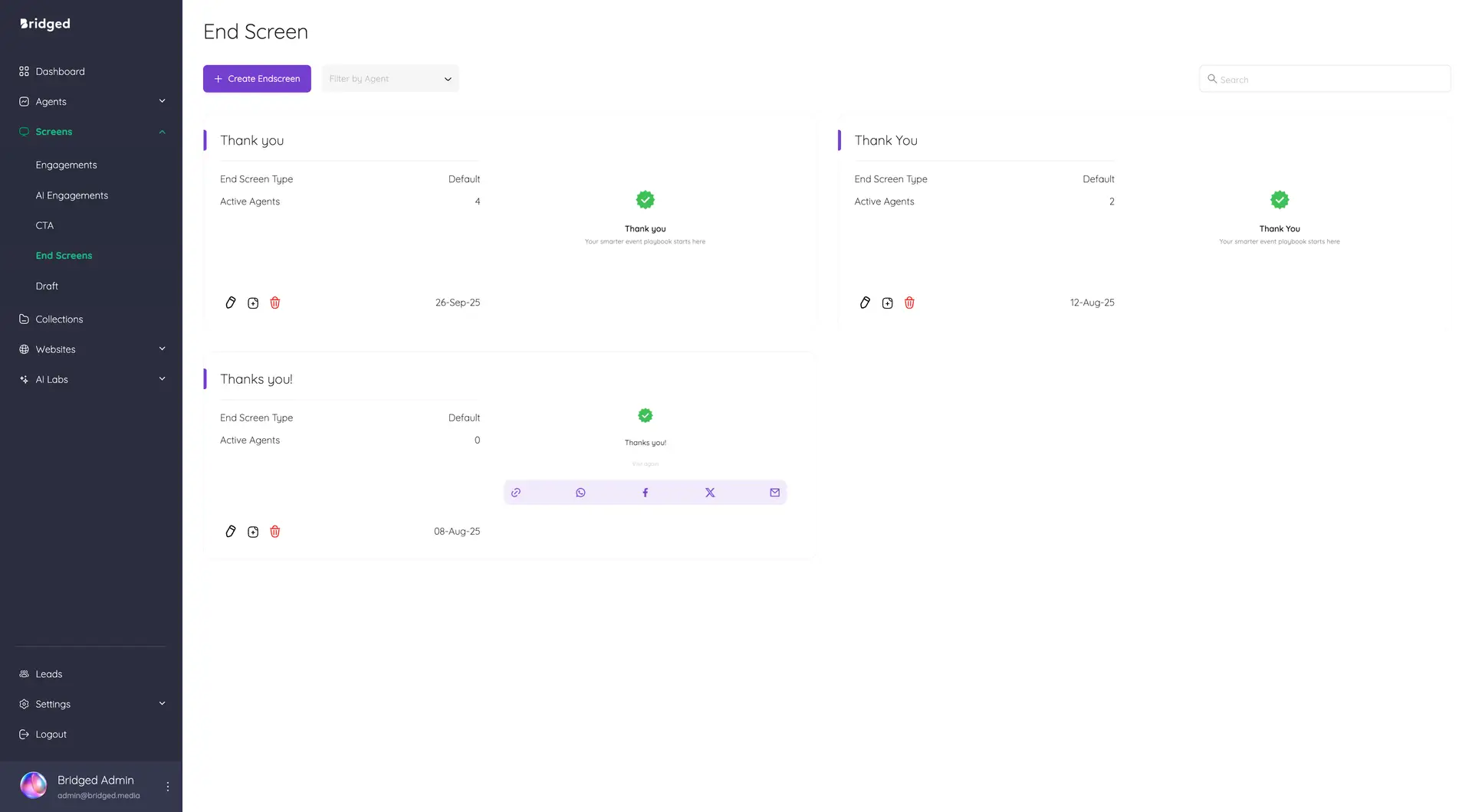 Bridged Media End Screen section showing a list of end screens with options to create, edit, and manage them.