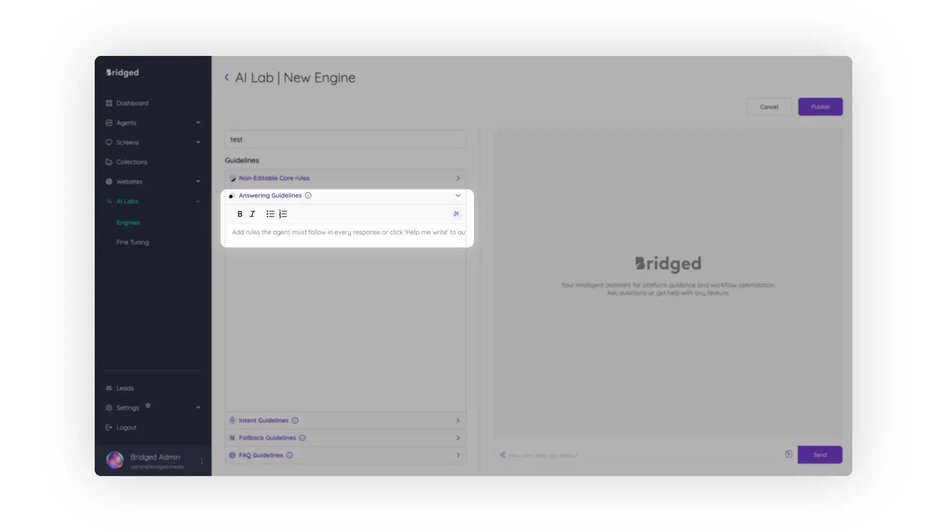AI Lab New Engine interface in Bridged Media for creating a Knowledge Agent engine.