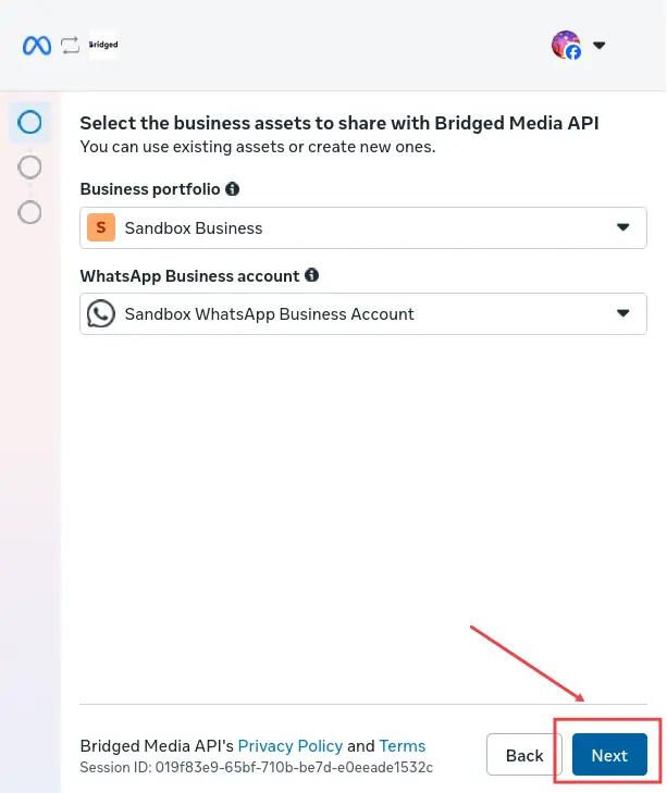 Bridged Media API WhatsApp integration setup screen with business asset selection.