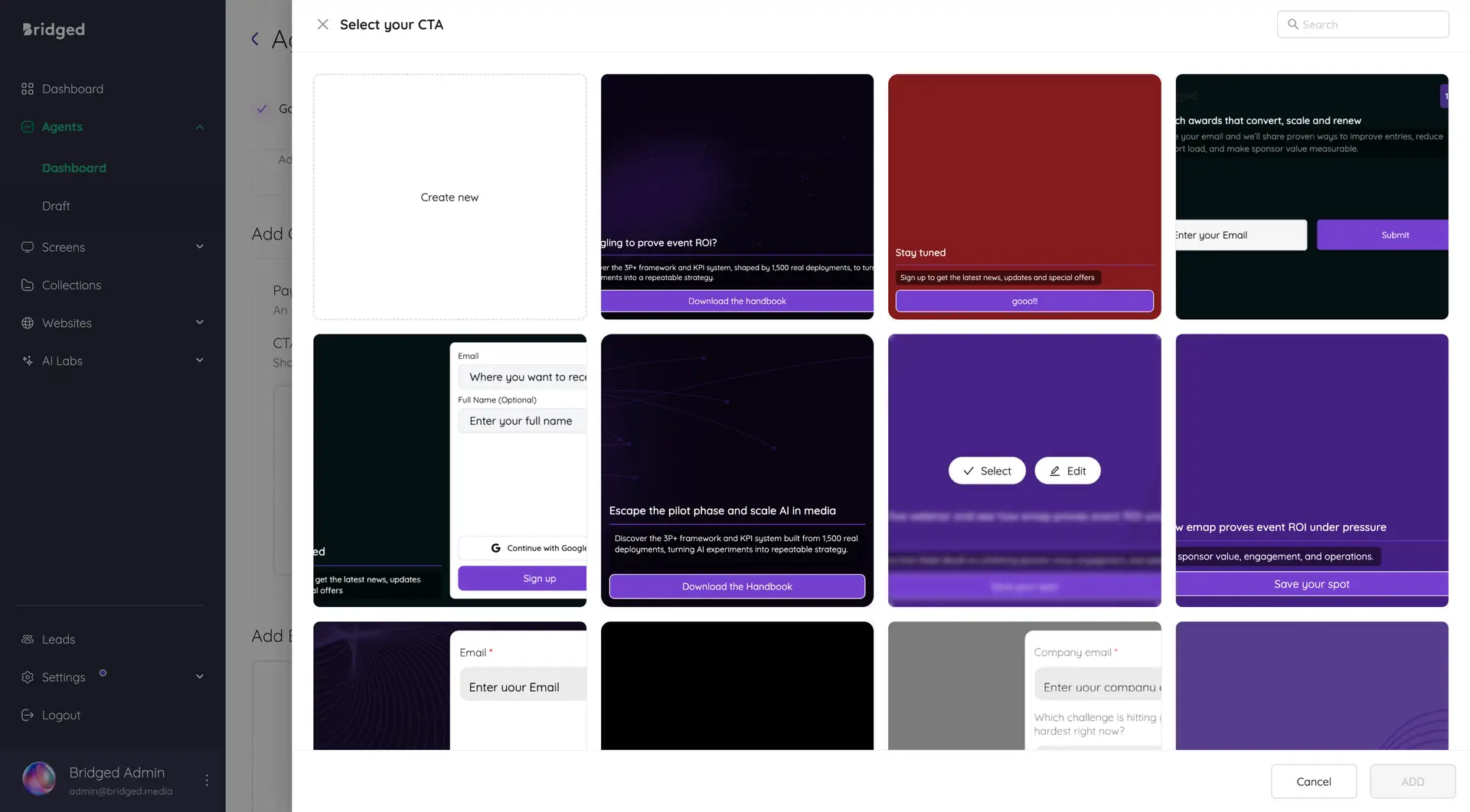 Bridged Media - Select your CTA screen for creating a polling agent