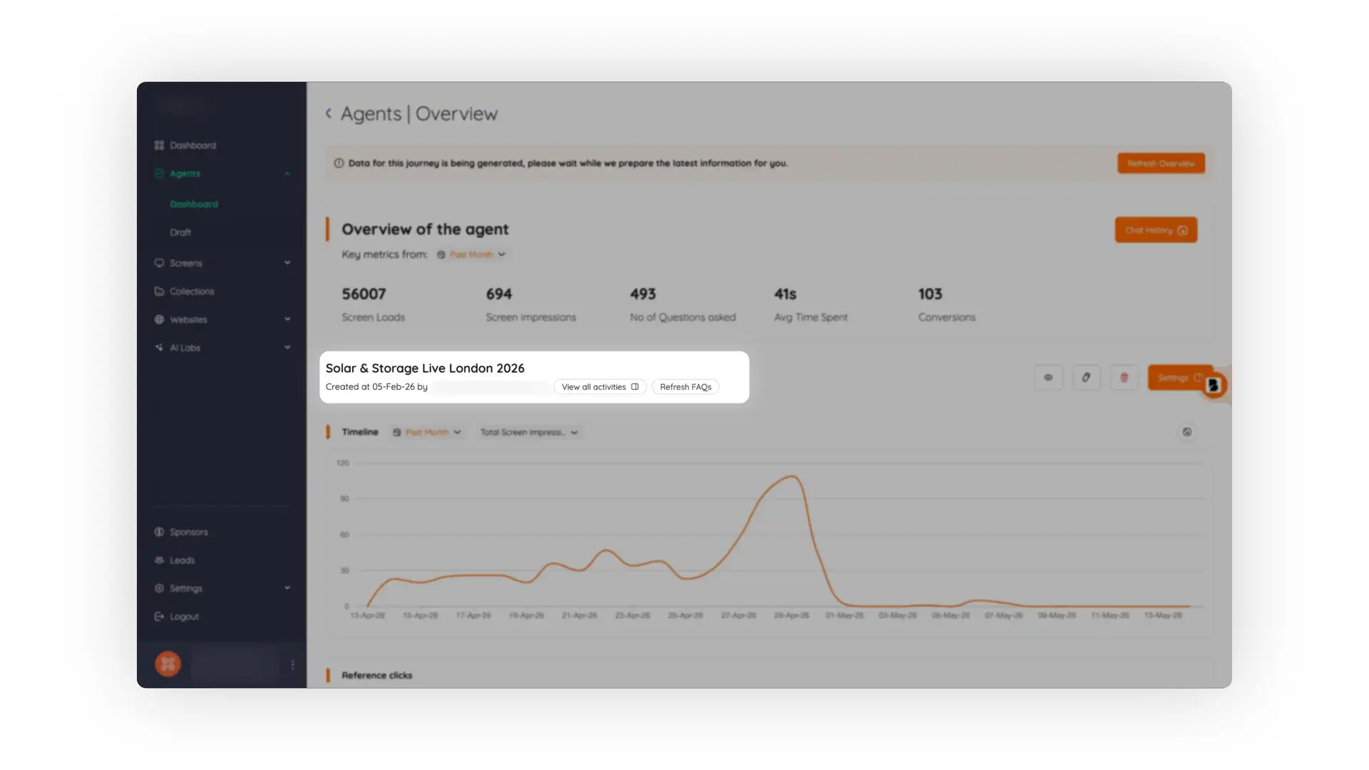 Bridged platform Agents Overview page showing agent performance metrics and timeline graph.