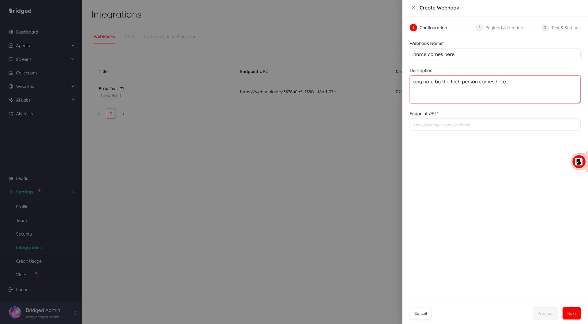 Bridged Media Integrations Webhooks page with Create Webhook panel open.