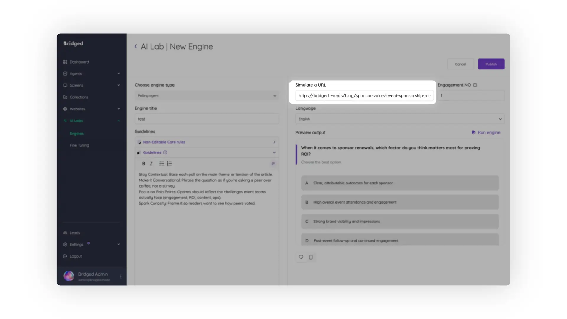 Bridged Media AI Lab New Engine creation screen for polling engine