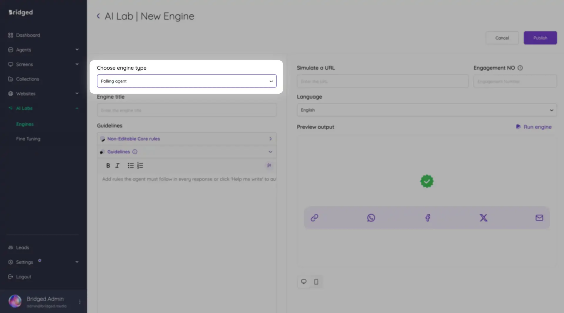 AI Lab New Engine creation page in Bridged Media