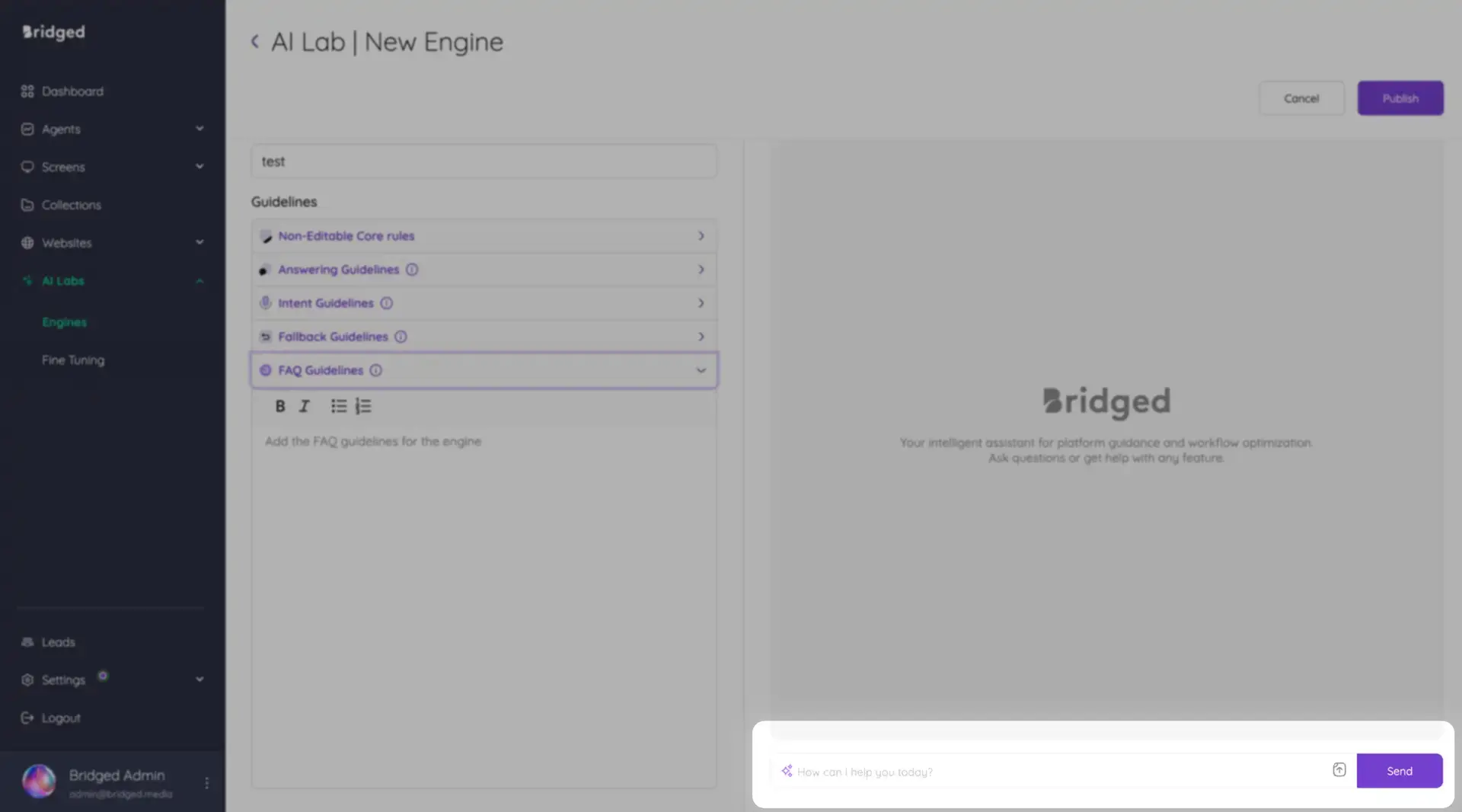 AI Lab New Engine interface in Bridged Media for creating a Knowledge Agent engine