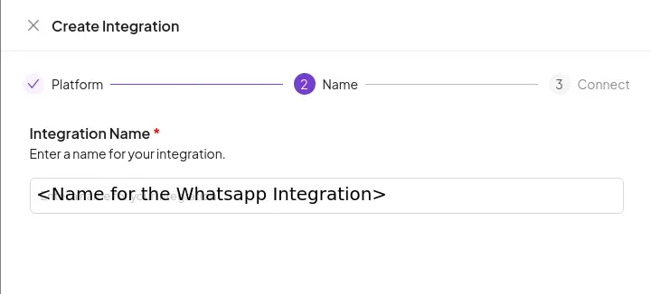 Bridged Create Integration screen for WhatsApp setup, step 2: Name.