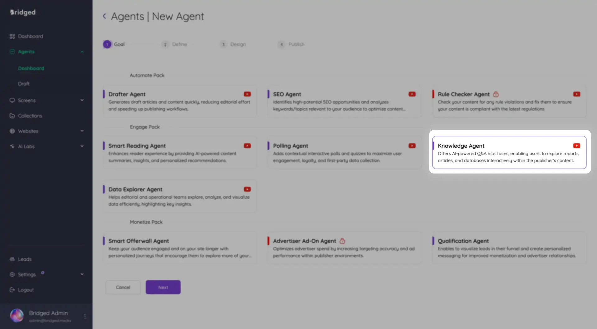 Bridged Media - Agents | New Agent page showing various agent options for creation.