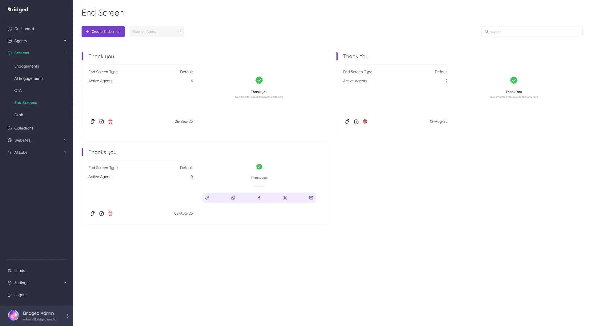 Bridged Media End Screen management interface showing options to create and manage end screens with navigation sidebar.