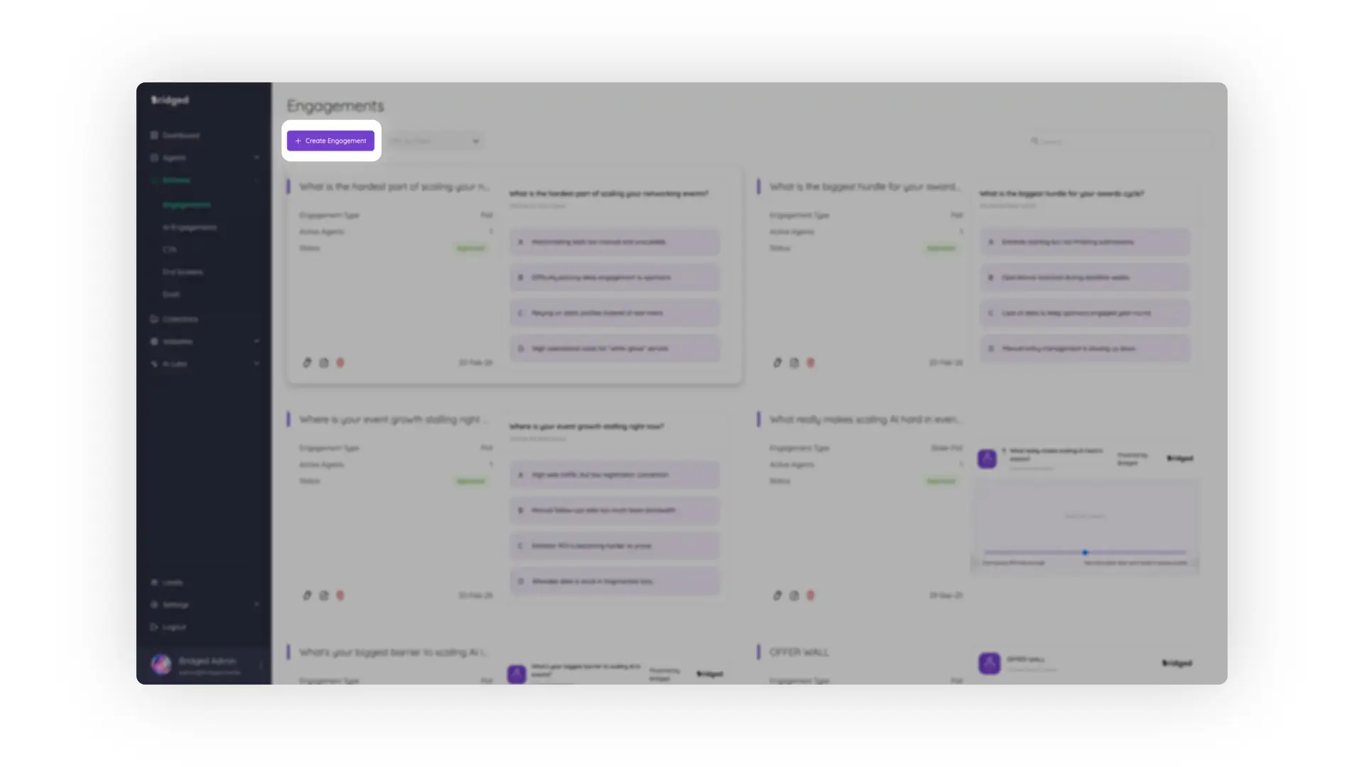 Bridged Media Engagements screen showing various polls and engagement options.