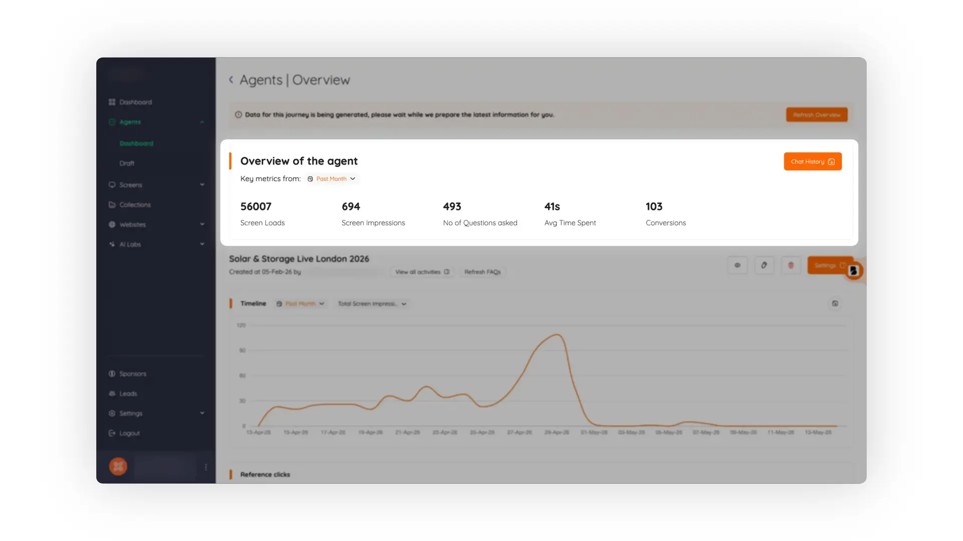Bridged platform Agents Overview page showing agent performance metrics and timeline graph.