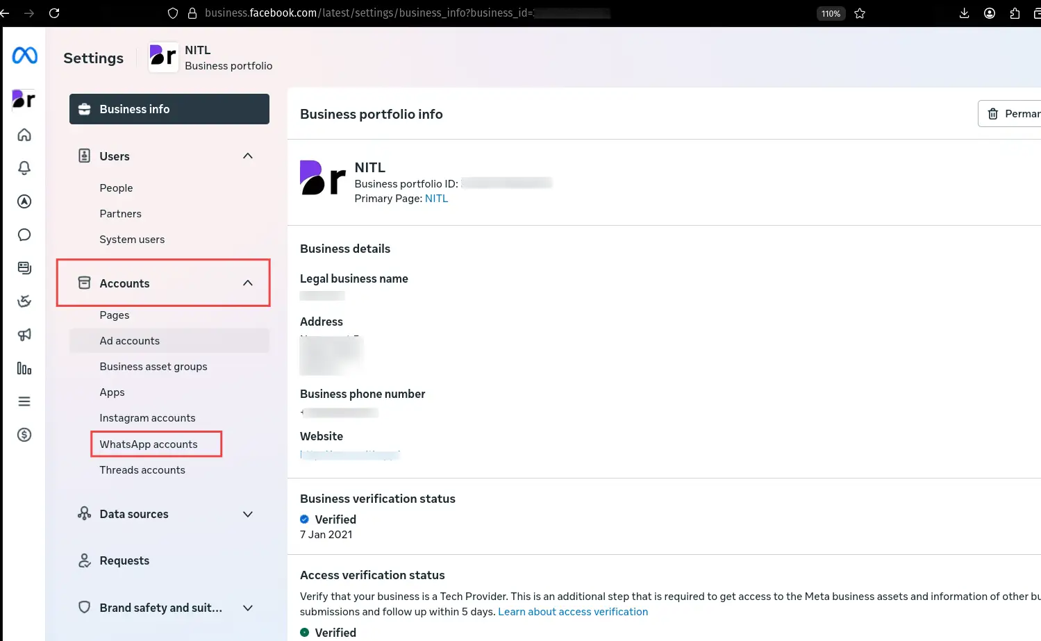 Facebook Business Settings page showing business portfolio info and verification status.