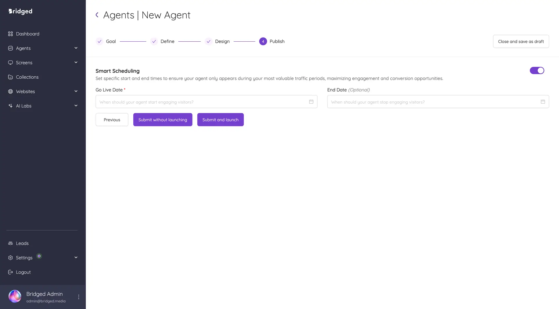 Bridged Media Agents New Agent Publish screen for setting smart scheduling.