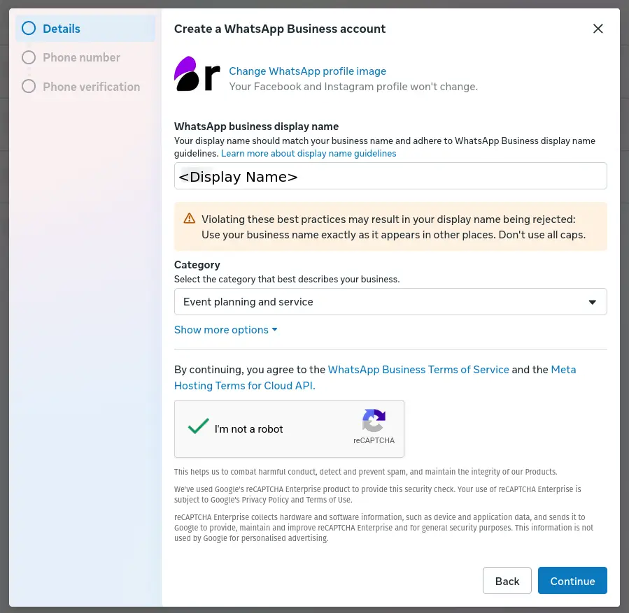 WhatsApp Business account creation screen showing details entry step.