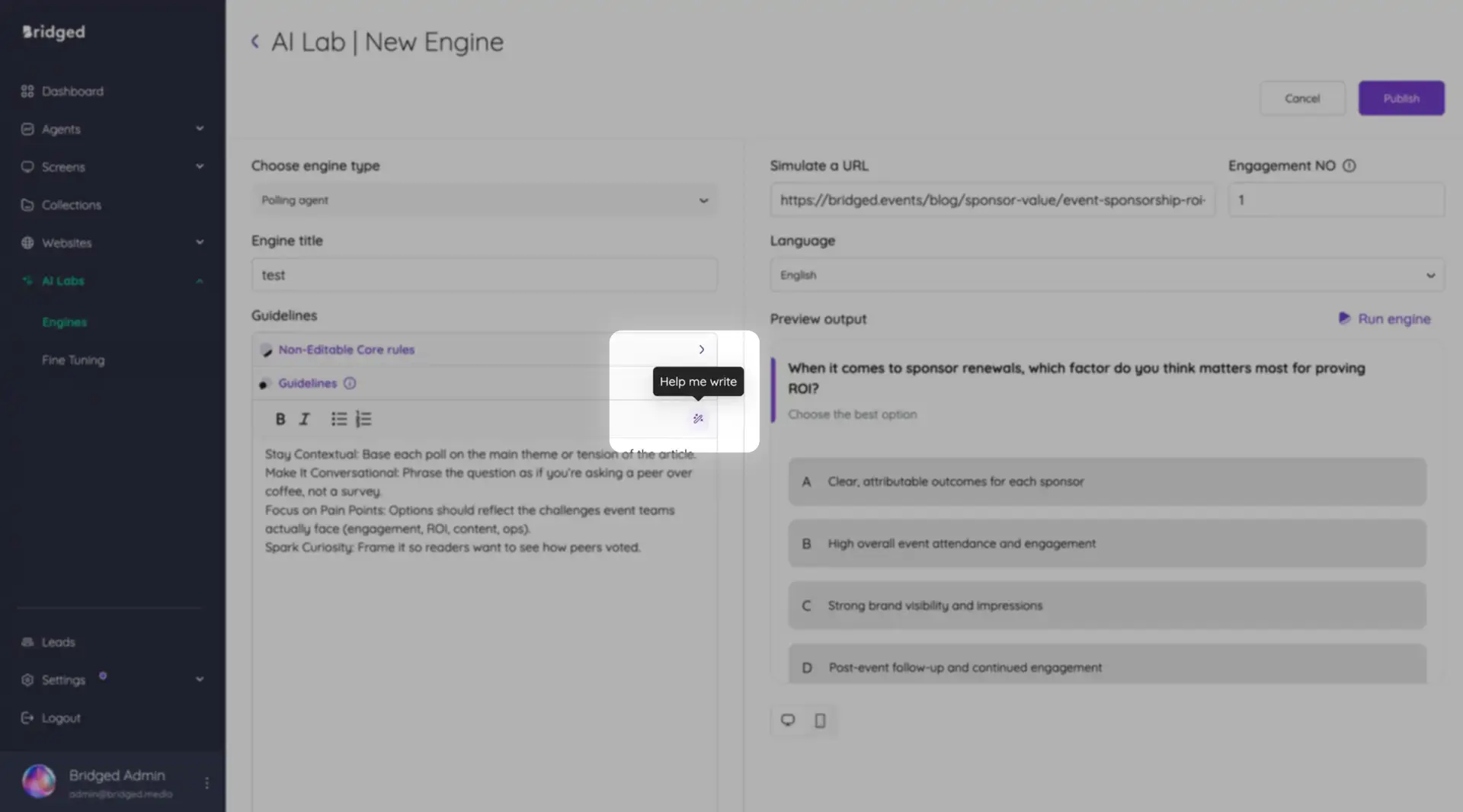 AI Lab New Engine interface in Bridged Media for creating a polling engine