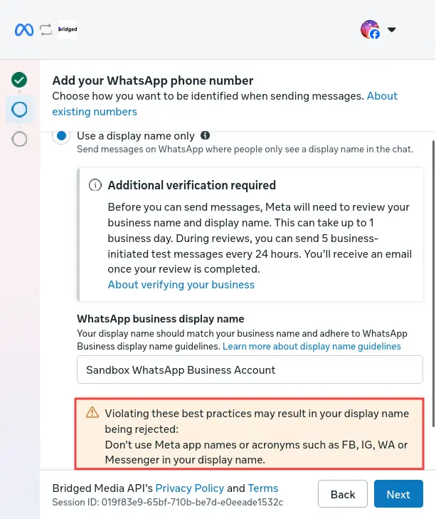 Bridged Setup - Add WhatsApp Phone Number