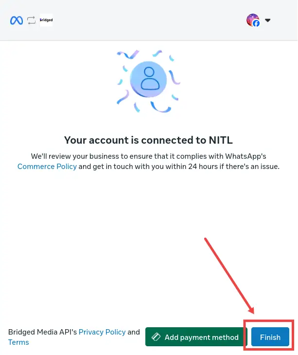 Bridged Setup screen showing account connection to NITL with options to add payment method and finish setup.