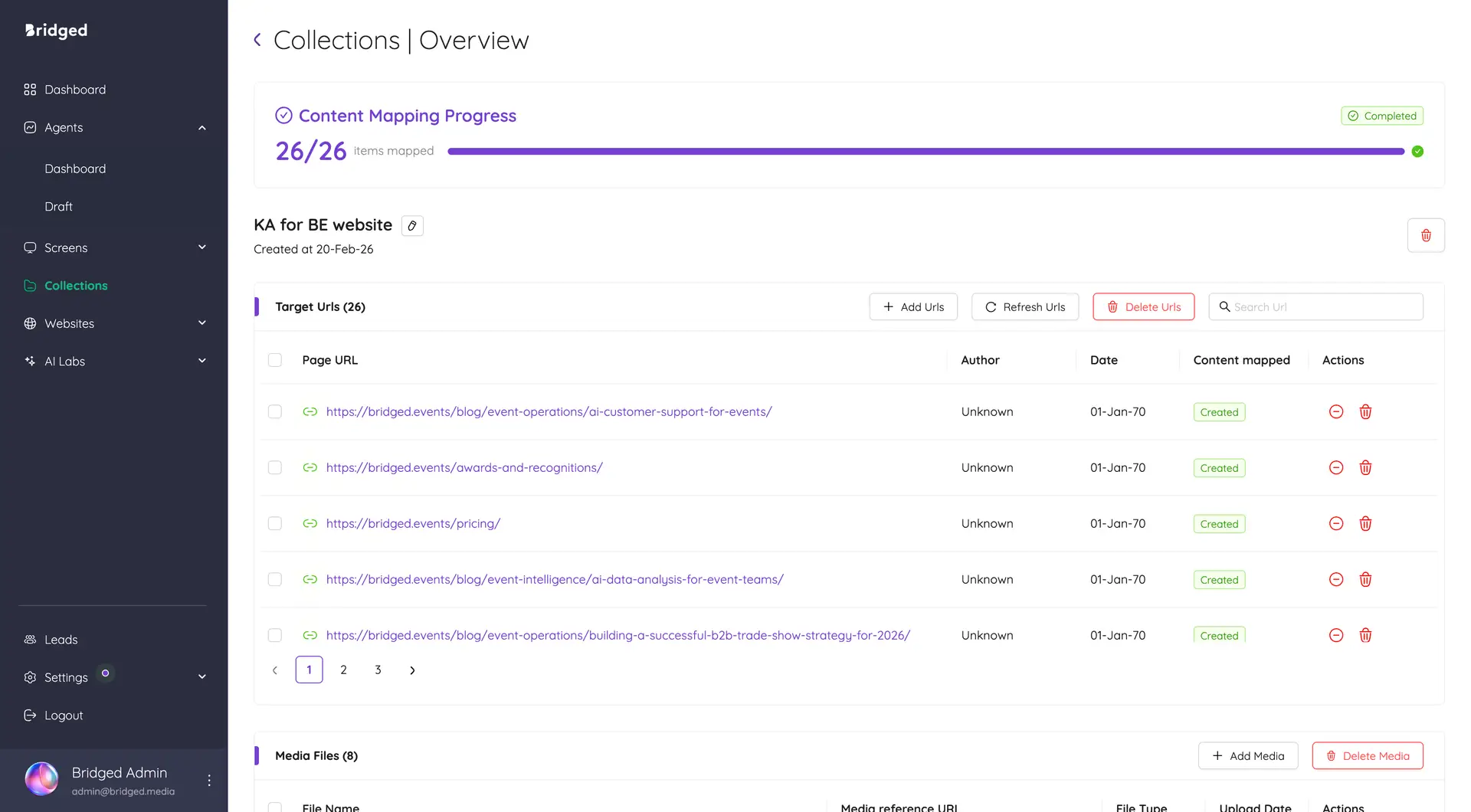 Bridged Media Collections Overview page showing content mapping progress and list of target URLs.