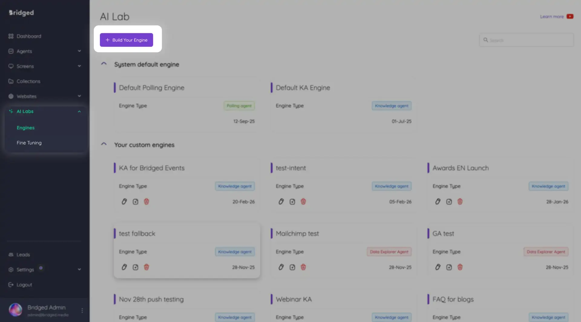 AI Lab section in Bridged Media showing system default and custom engines.