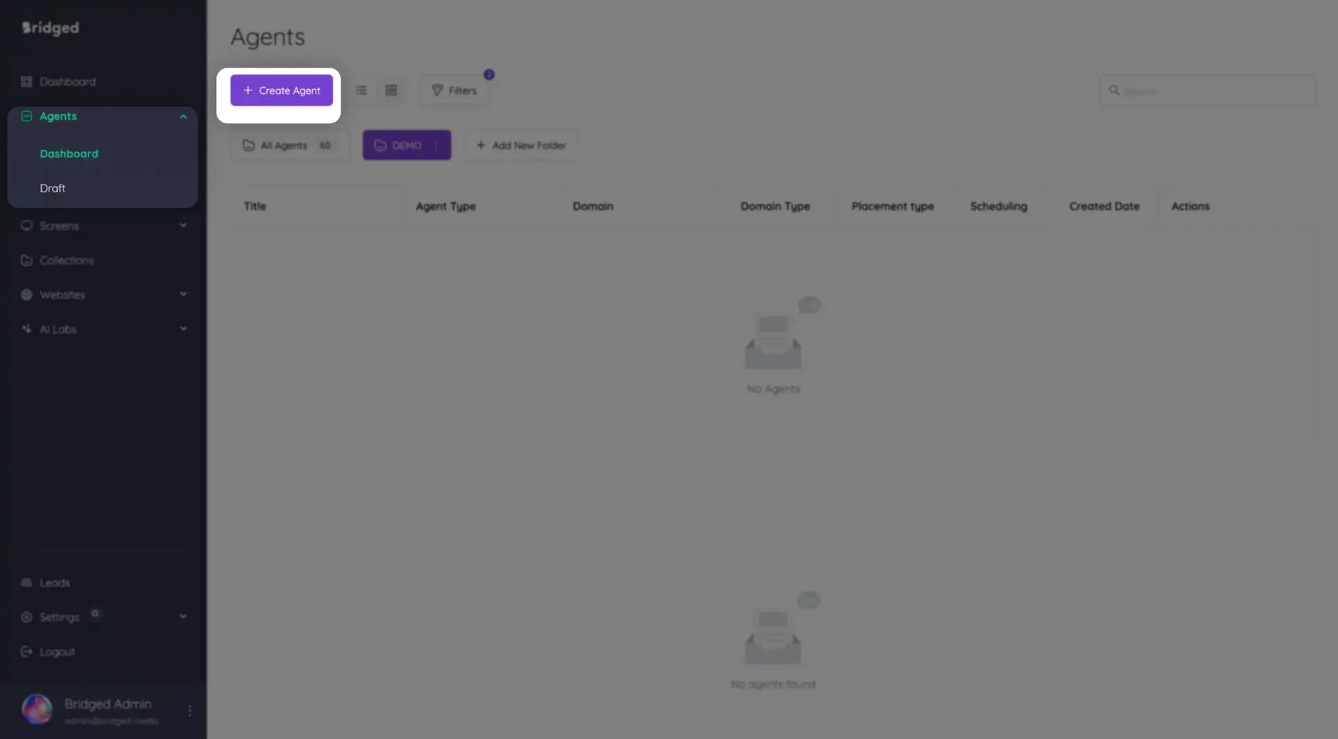 Bridged Media Agents section with options to create and manage AI agents, showing no agents currently available.